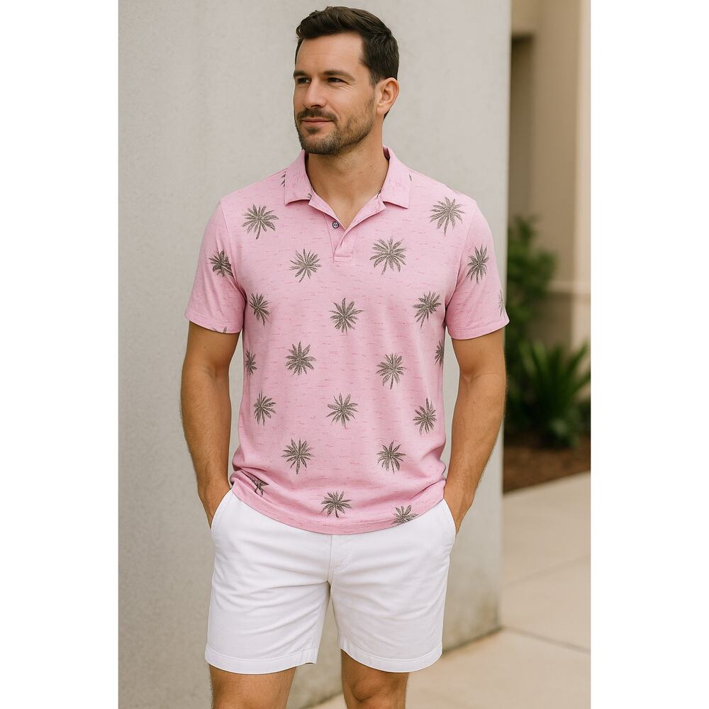 Johnnie-O Hendrick Pink Tropical Palm Tree Print Short Sleeve Golf Polo Shirt XL